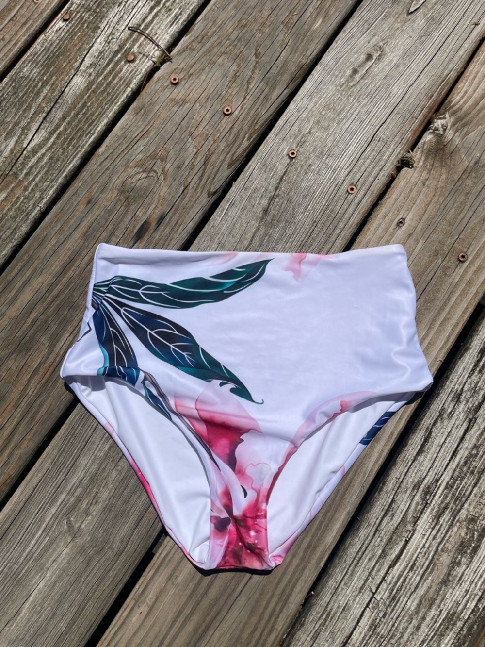 High-Waist Floral Bikini Bottoms in White and Pink
